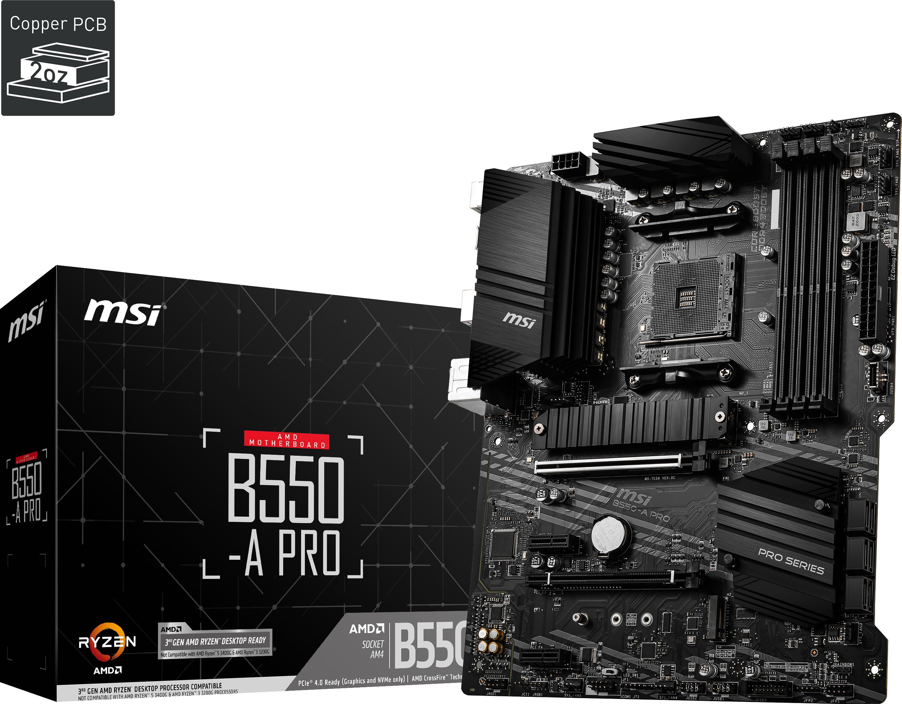 MSI B550-A PRO ATX MB 4xDDR4 up to 128GB 1xPCIe 4.0/ 3.0 x16 slot 6xSATA 6Gb/s ports 2xM.2 slots